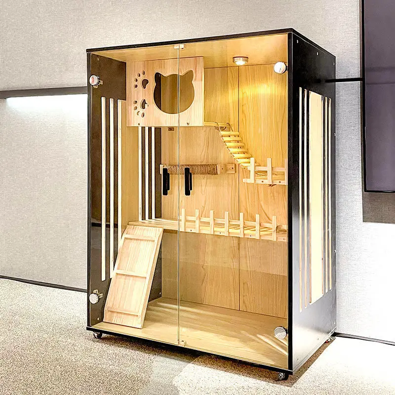 Hot Sale Luxury Decorative Solid Wood Cat Villa Nest Bed Wooden Pet Cage Cat Wooden Indoor Showcase Cattery Cat House