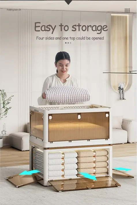 Wholesale side open door stackable household transparent large capacity clothes storage box folding plastic box with wheel