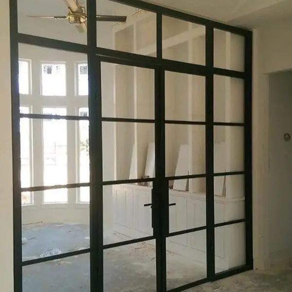 Hotian Steel Double Glazing Glass Panels Low E Steel Frame Door Grill Design For Balcony