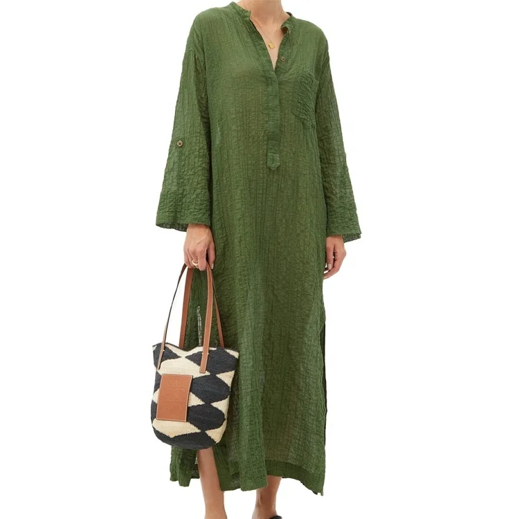 Long Sleeve  Loose Kaftan Custom Spring Summer Cotton Maxi Dress For Women
