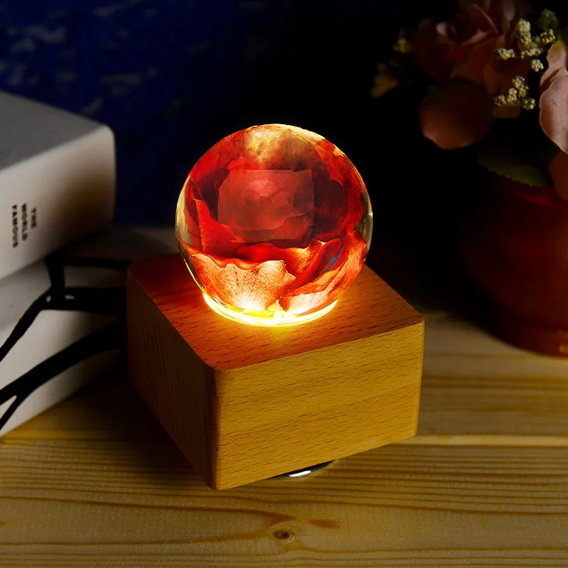 Romantic Preserved Roses Flower Music Box Crystal Ball Wood Base Projection LED Light Rotating Musical Box for girlfriend gift