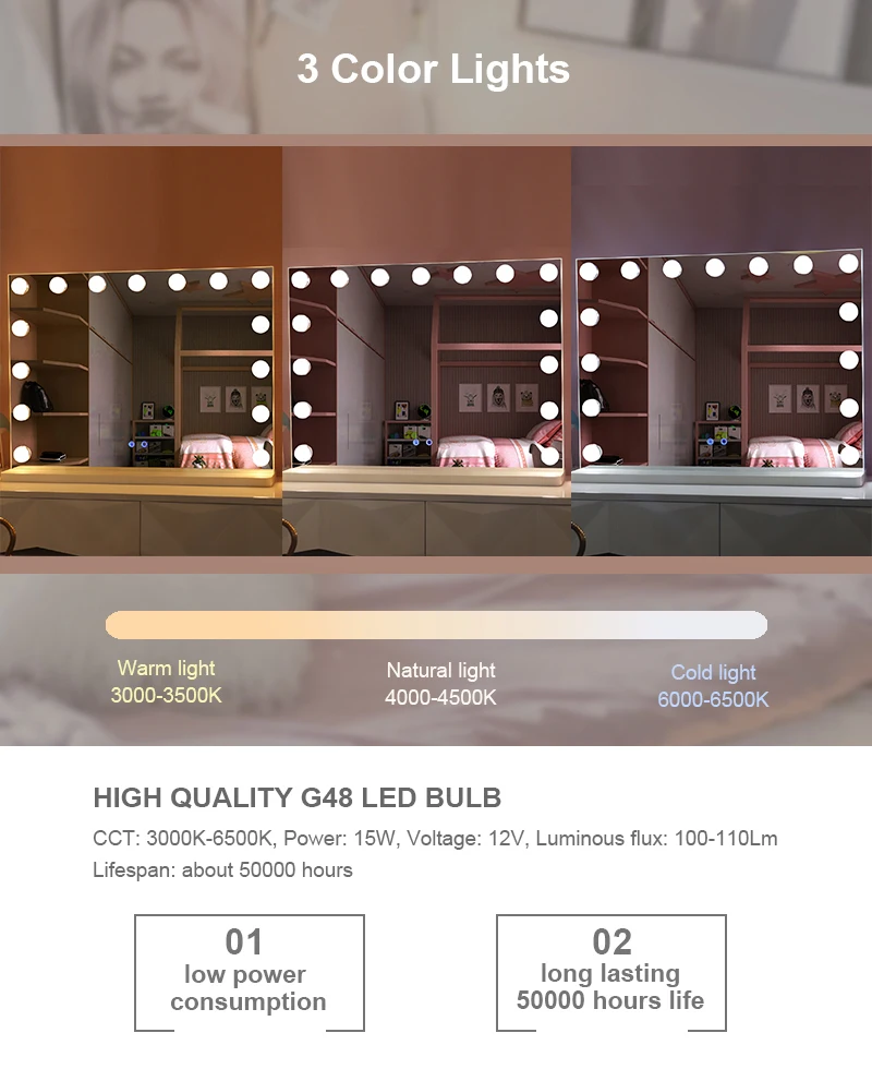 15 bulbs Desktop Vanity Mirror With Removable Base LED Wall Mirror Customize Lighted Cosmetic Mirror For Home Salon