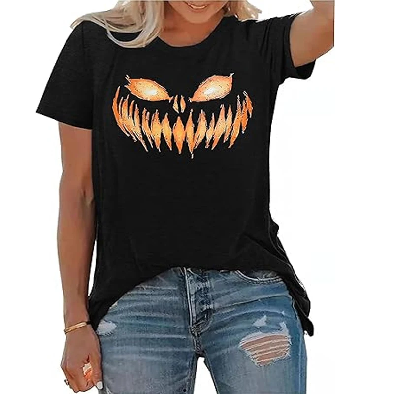 Pumpkin Halloween Shirt for Women Pumpkin Graphic Tee TV & movie Costume Shirt Fall Short Sleeve T-Shirts Party Dresses