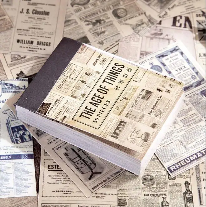 50 pages self-adhesive pocket stickers book with old newspaper retro plant washi stickers