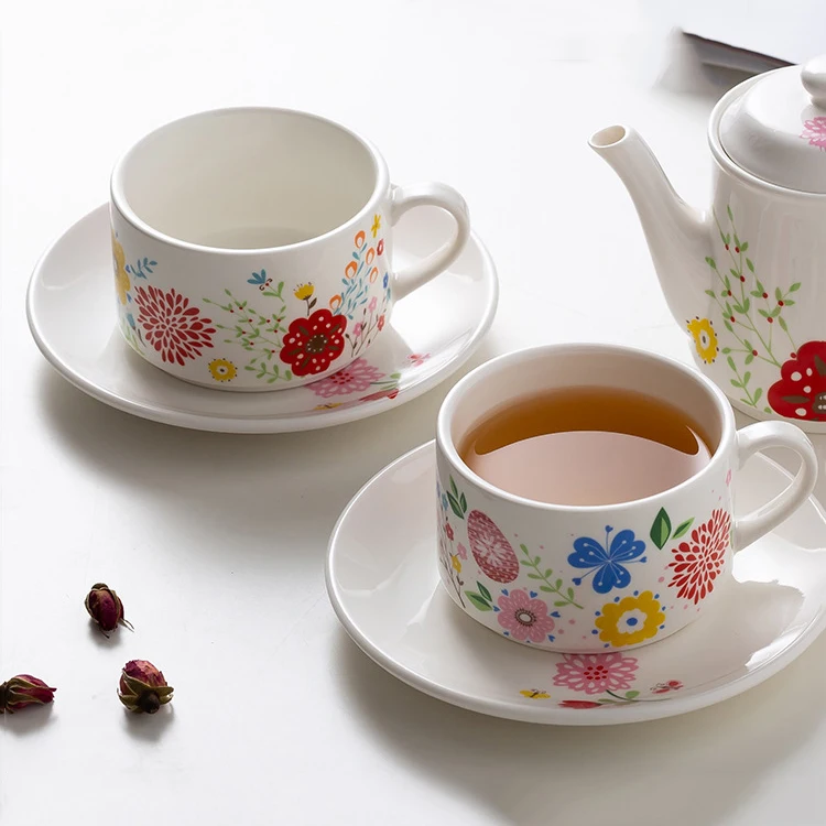 Wholesale Stackable Ceramic Tea Pot with 2 Tea Cups Set Flower Printed Tea for Two Gift Set