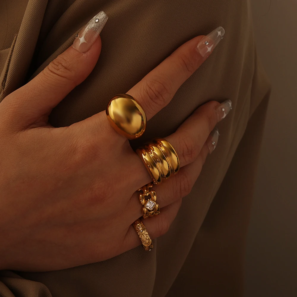 New Trend 2023 Simple Design Hypoallergenic Stainless Steel 18k Solid Gold Plated Triple Layer Cuff Chunky Rings