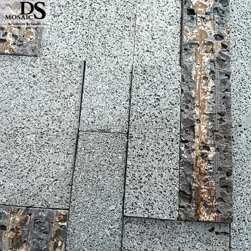 Formed Crack  Irregular Matte Surface Volcanic Stone Wall Tile with Gold Line Lava Stone Mosaic Tiles for Backsplash Floor
