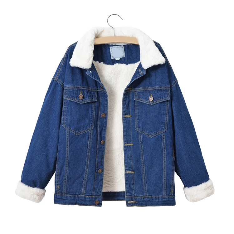 Long sleeve button pockets warm women denim jacket with fur winter jacket woman denim trench coat