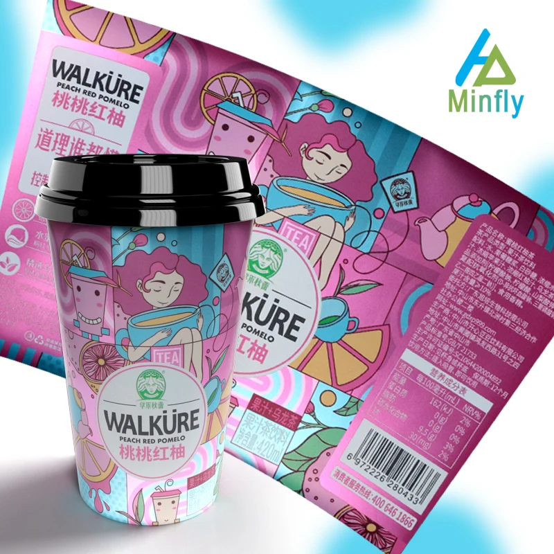 Minfly Custom Logo Printing Clear Plastic Coffee Juice Milk Tea Boba Frosted Bubble Tea IML Cup with Lids