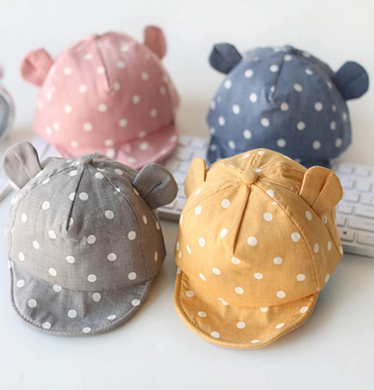 Новые детские кепки для малышей, Детские кепки в горошек, шапка для девочек и мальчиков с ушками для весны, бейсболка для новорожденных