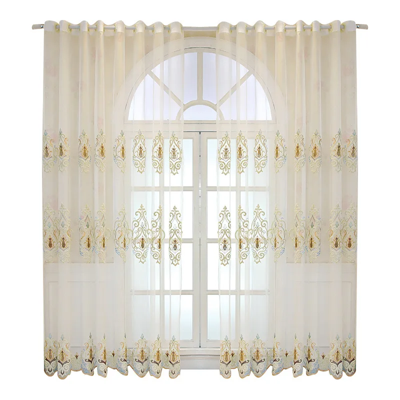 Luxury Flower Pattern Embroidered Semi Sheer Bedroom Rod Pocket Gradient Window Tulle drapes Panels Voile Curtain