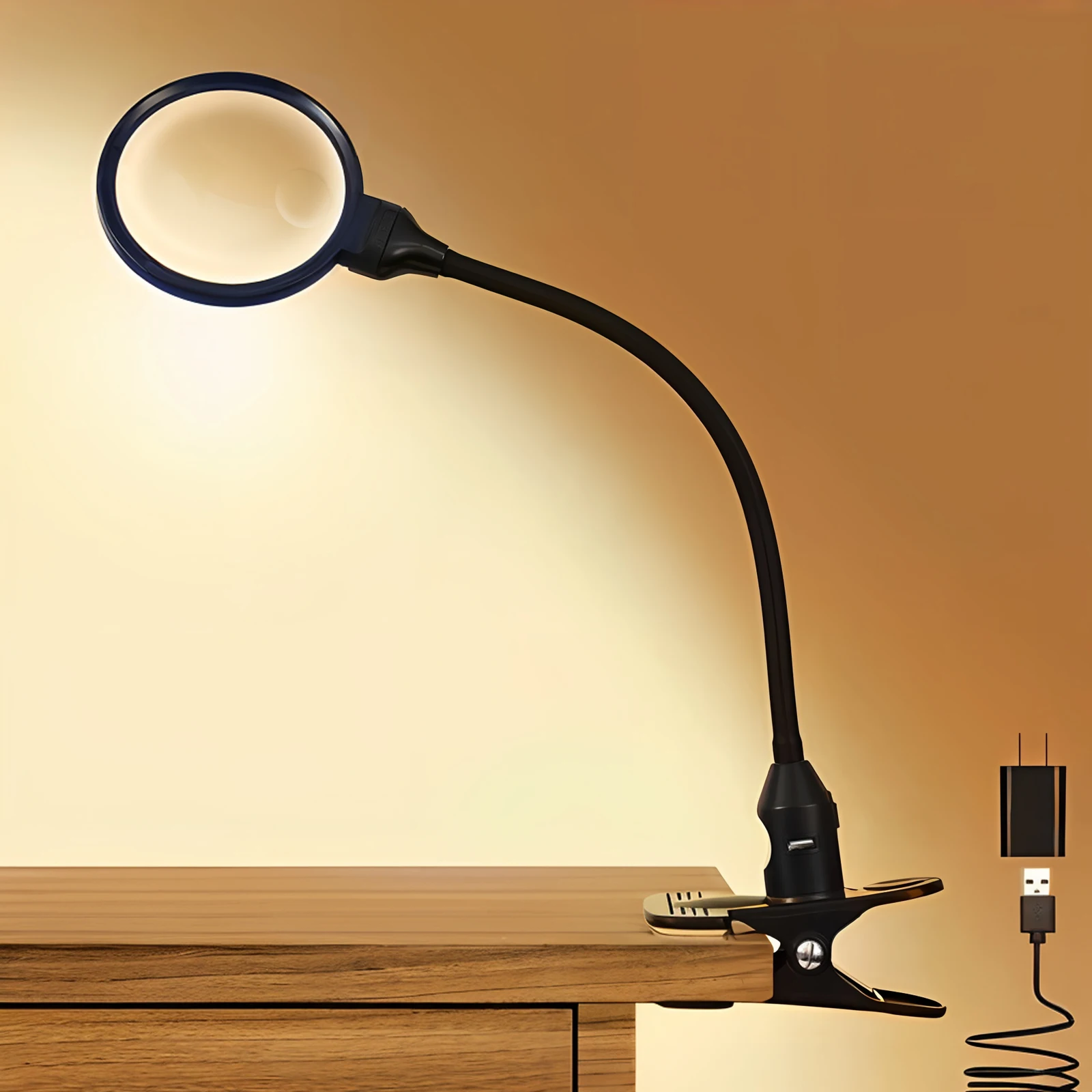 5X LED Desk Lamp Flexible Gooseneck Hands-Free Lighted Magnifying Glass 3 Color Temperature Reading/Crafting/Close Work Clip-On