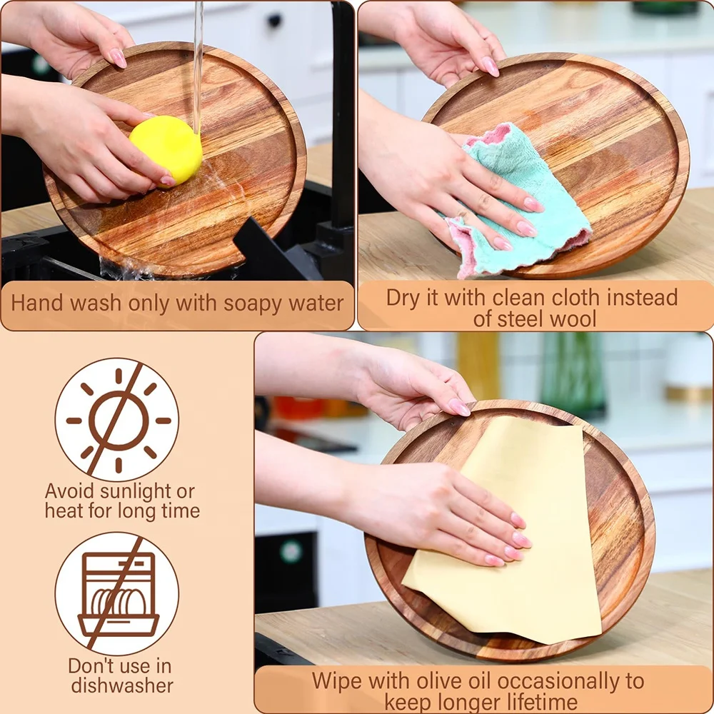 Luxury 6/8/10 inch wedding decorative dinner food serving dishes & plates round acacia wood charger plate wholesale wooden plate