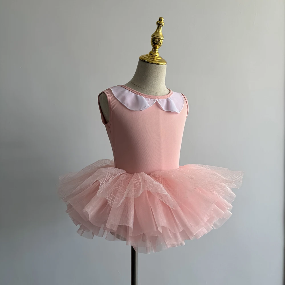 2024 Custom design logo pink mesh fringe beautiful girls dance nylon spandex ballet tutu dress for girls