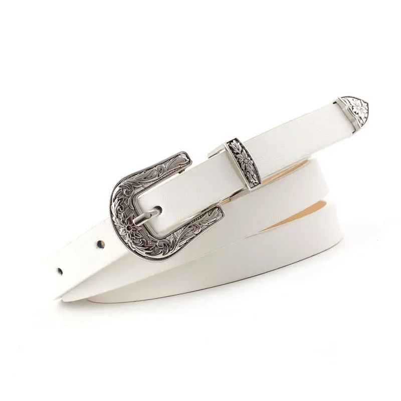 Amazon top  selling Fashion western Retro engraving belt Wholesale Women PU Leather Double Buckle Belt