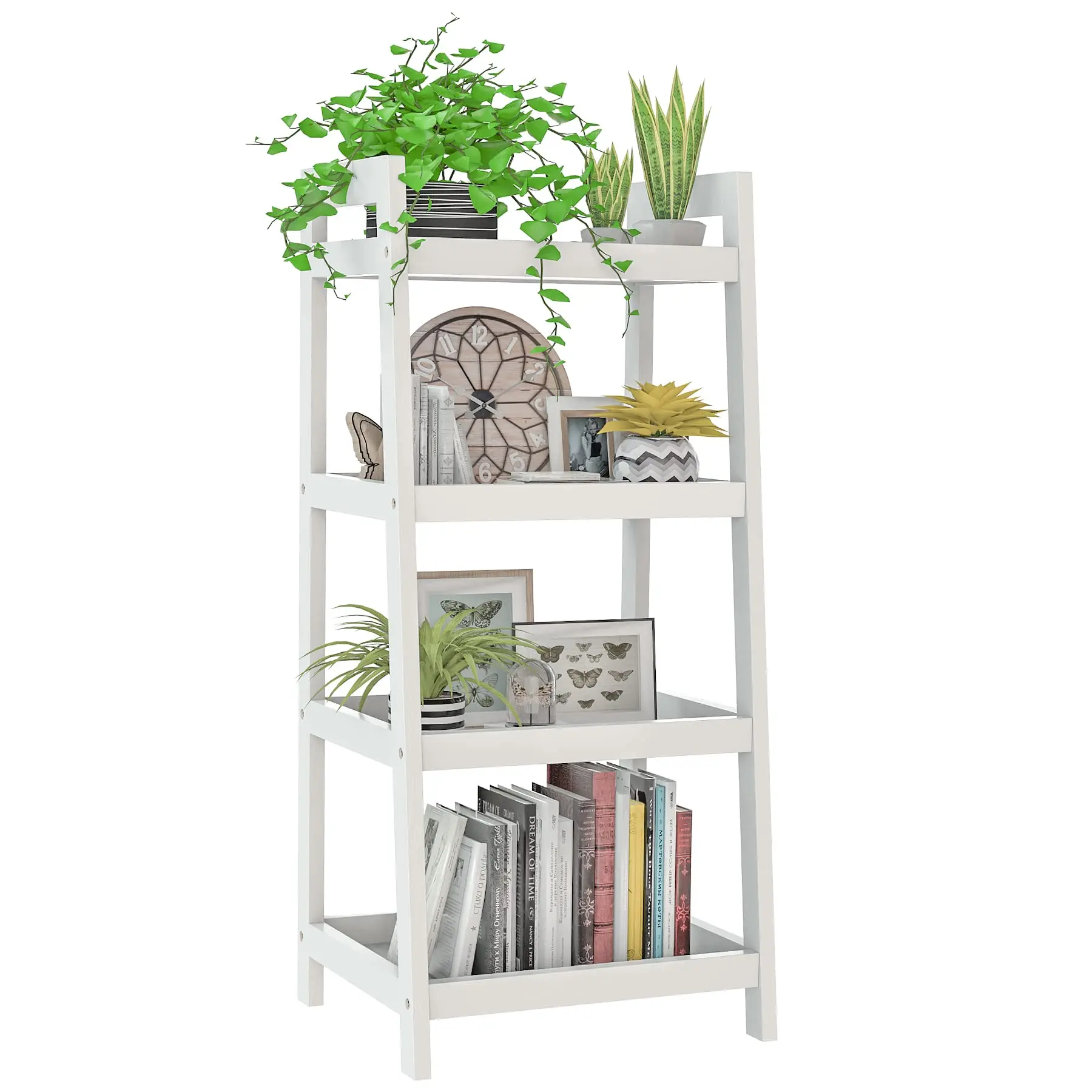 Custom Bamboo 4 Tiers Ladder Bookshelf White Ladder Shelf Bamboo Bookcase Utility Organizer Magazine Bookshelf For Home Office