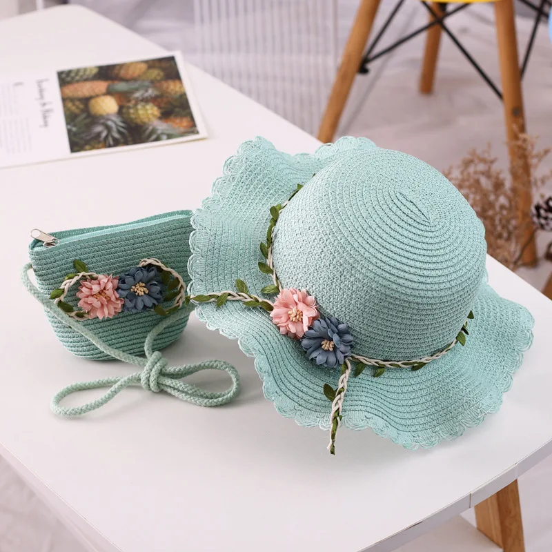 2024 New arrival Fashion Baby Straw Caps Children Summer Beach Straw Bag Straw Hat 2Pcs/Set