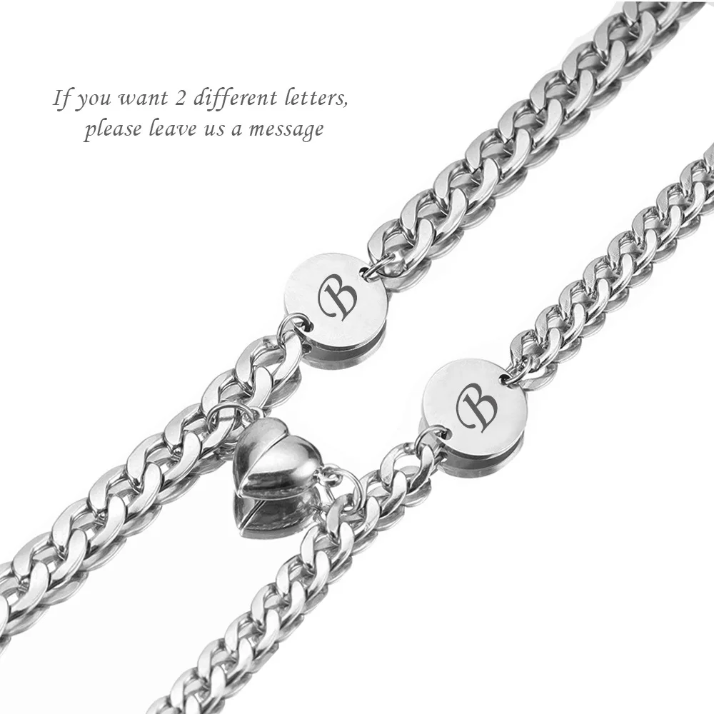2 Pieces/Set New Stainless Steel Laser Engraved Couple Bracelets with heart Magnets for Men and Women