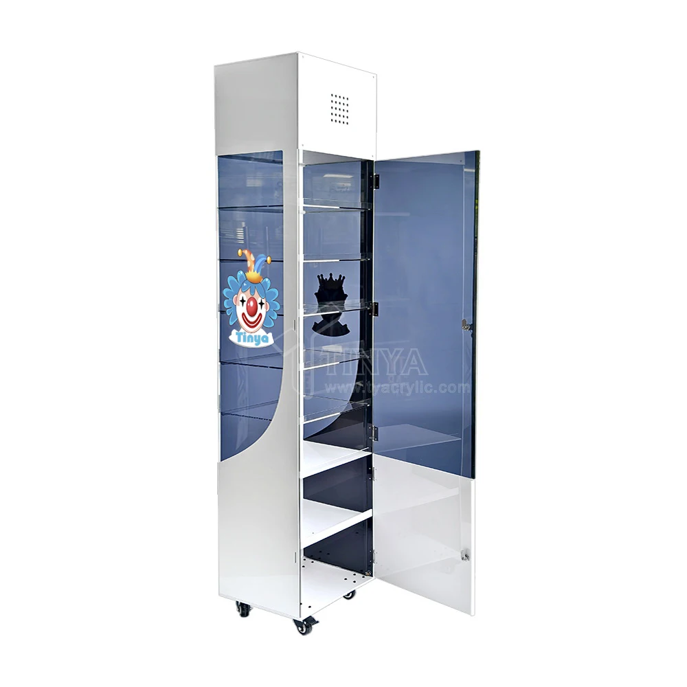 4 Wheels Floor Standing LED Lighting Smoke Display Stand UV Printing Customized Logo Lock Door with LCD Screen Cigarette Cabinet