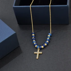 Hot Sale 925 Sterling Silver Gold Plated Necklace Blue Stone Beaded Shiny Zircon Cross Pendant Charm Necklace