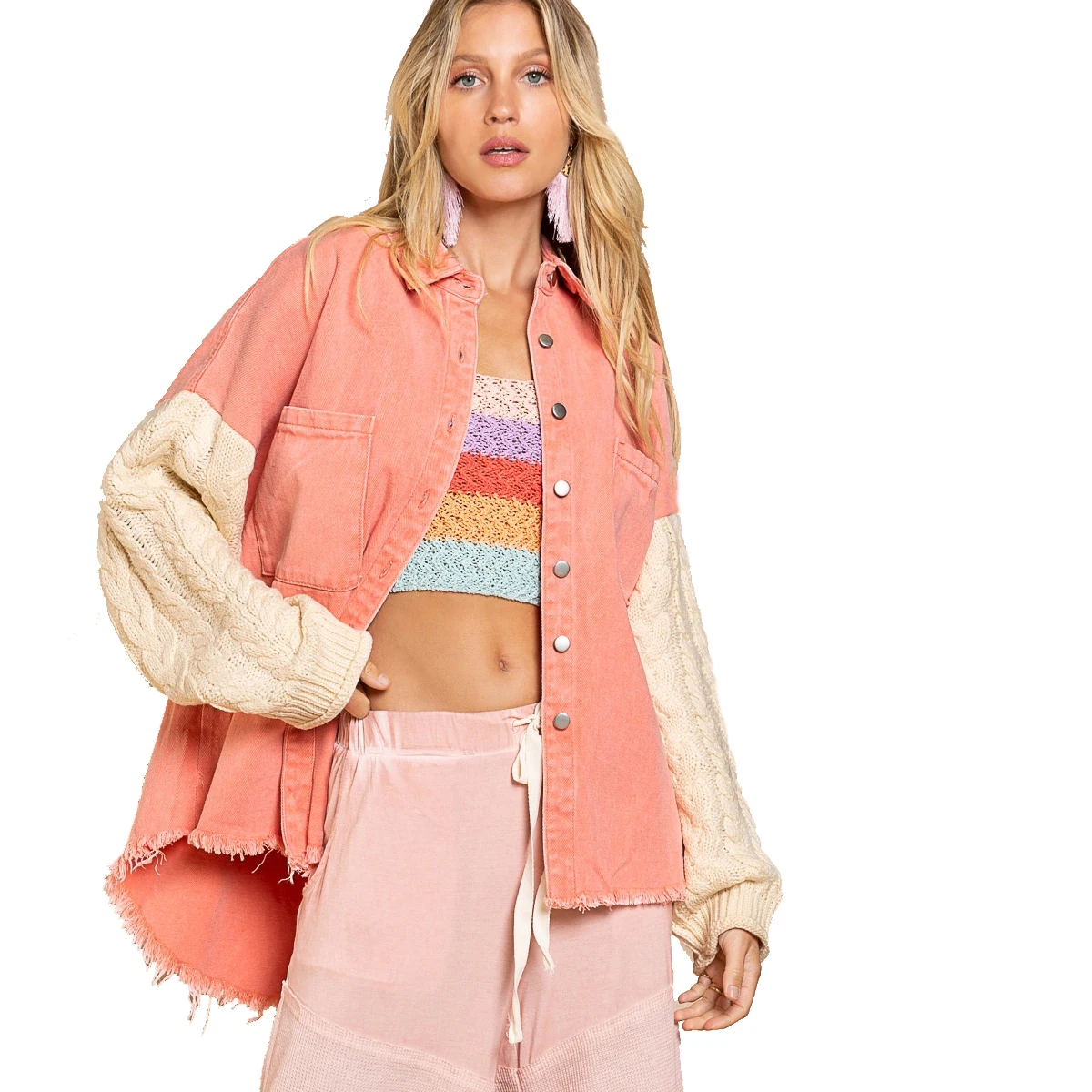 The New Easing Female Coat Pocket Stitching Wool Jacket Sleeve of The Cowboy Cloth