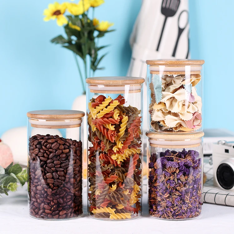 Sell High Quality Candy Foods Rubber Sealed Wooden Lid Air Tight Storage Containers Glass Jar with Bamboo Lid jars for kitchen