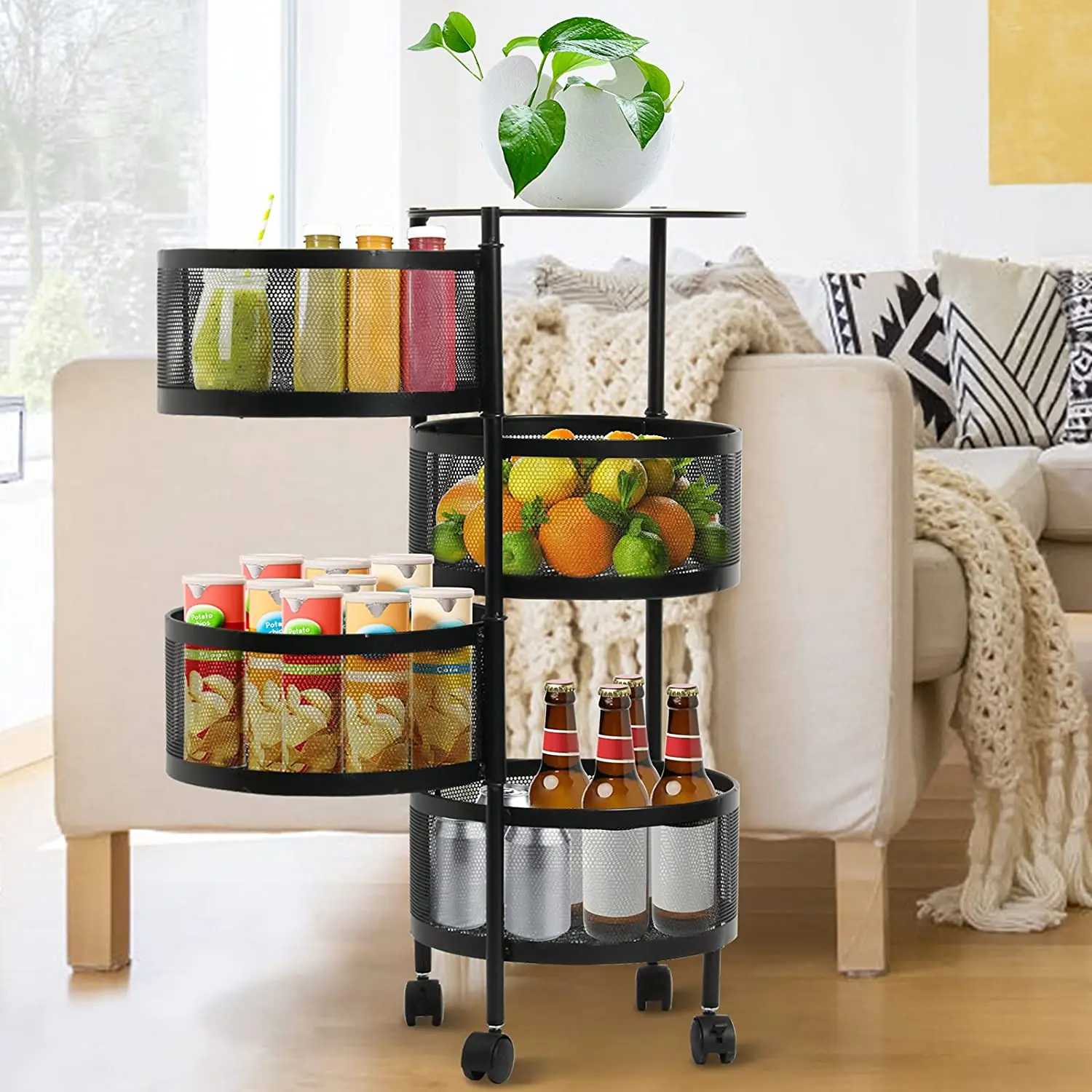 Round Storage Rack Kitchen 360 Rotating Fruit Vegetable Mesh Basket Kitchen Vegetable Storage Rack Rolling Storage Trolley Cart