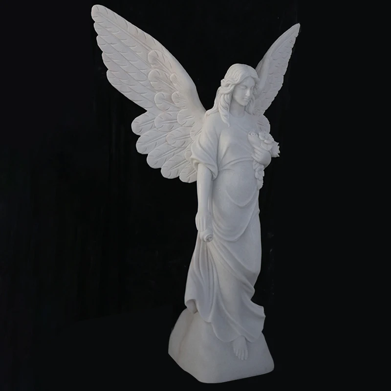 Figurines Hand Carved Sculpture Outdoor Marble Angel with Wings Statues Garden White Marble Angel