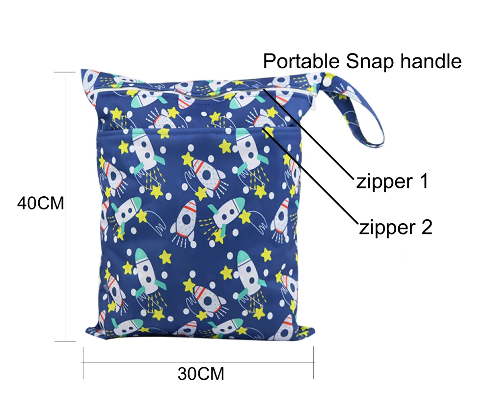 Travel Cloth Diaper Wet Bag Two Pockets Nappy Pail Liner Waterproof Bag Print Naughty Baby Zipper Bag Double Zipper
