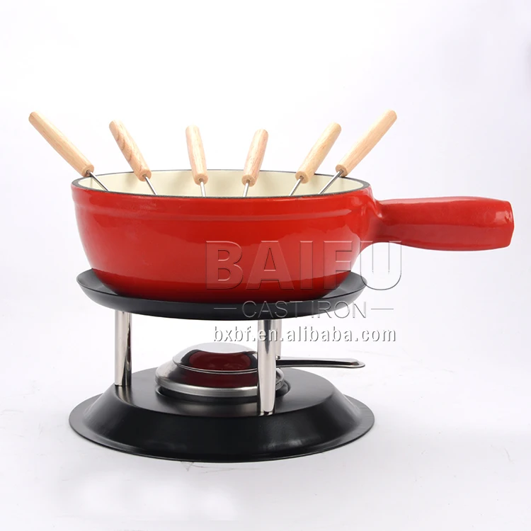 2-Quart Enamel Cast Iron Fondue Set Cheese Melting Pot Metal Stand with Stainless Steel Forks and Burner