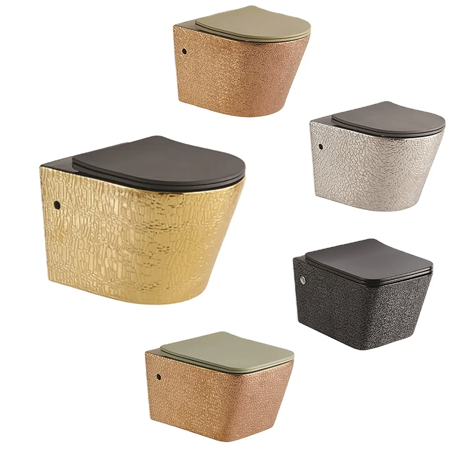 Hot sale luxury bathroom wall mounted hanging electroplated golden color ceramic black and gold wall hung wc toilet bowl