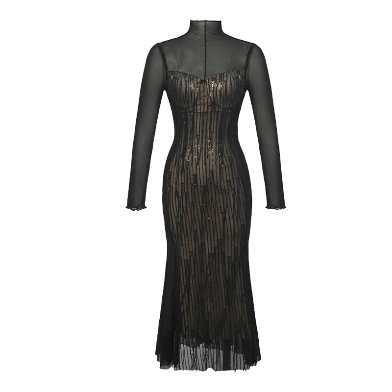 ZYHT 20687 Autumn New Women Clothes Fashion Mesh Midi Dresses  French Fishtail Tassel Elegant Party Dress