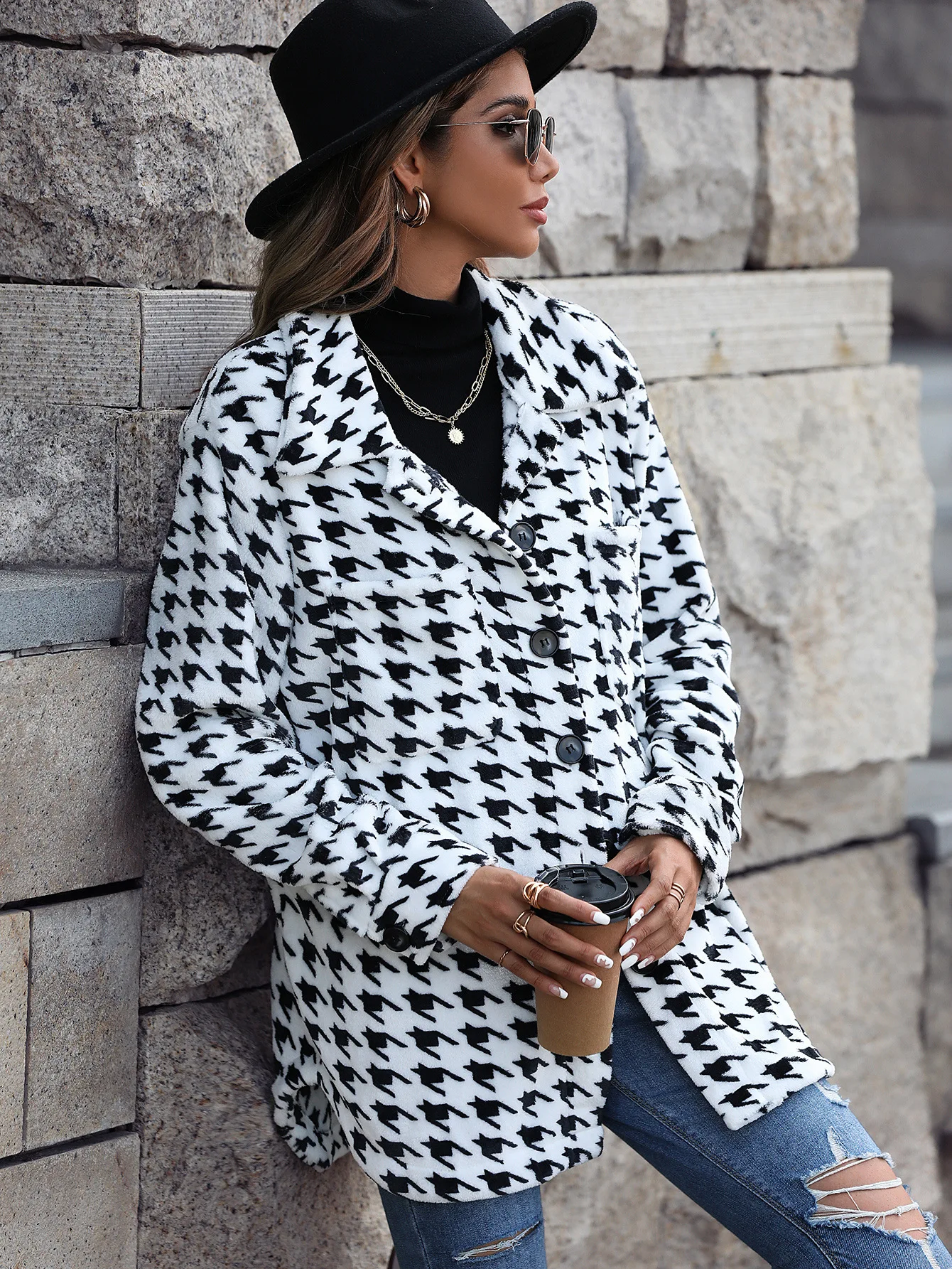 Women Casual Long Sleeve Houndstooth Printing Turndown Collar Coat Ladies Print Lapel Autumn Winter Blazer