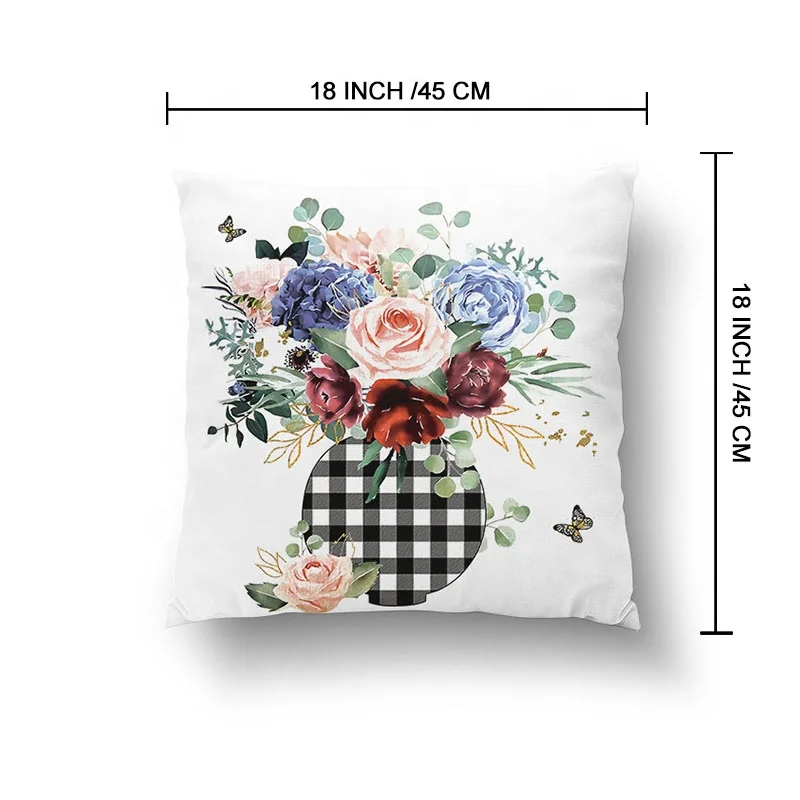 Welcome to the Flower Market Watercolor Flowers Floral Buffalo Plaid Throw Pillow Covers