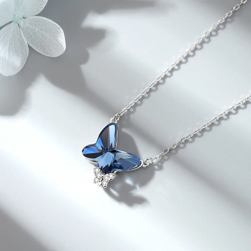 Hot Selling Korea Luxury S925 Sterling Silver Original Butterfly Pendant Jewelry Blue Natural Crystal Zircon Lady Necklace