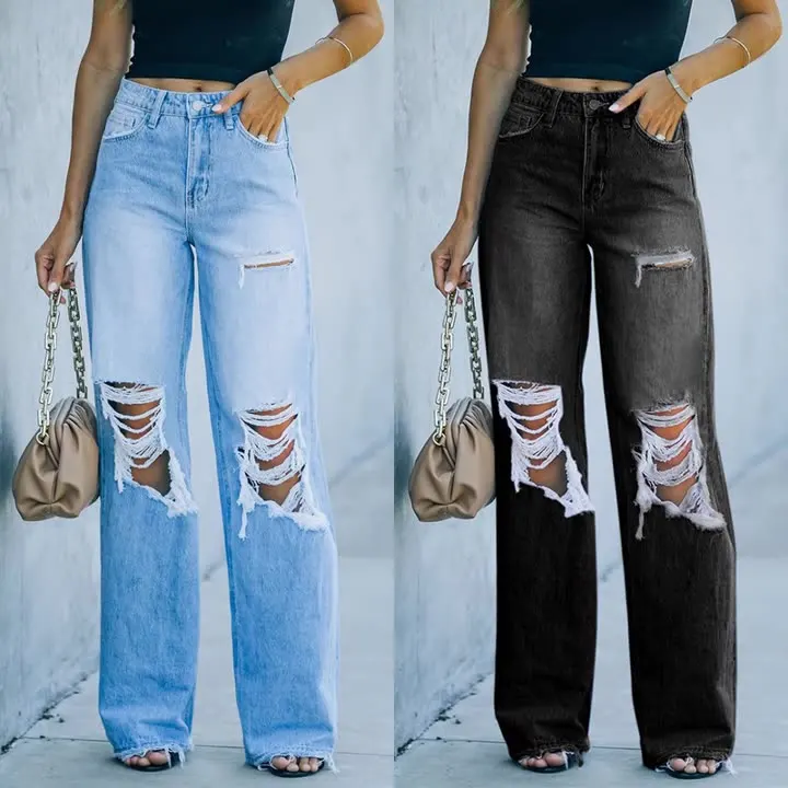 2024 Hot Sales Washed wide leg casual fashion High Level process ripped jeans women denim jeans