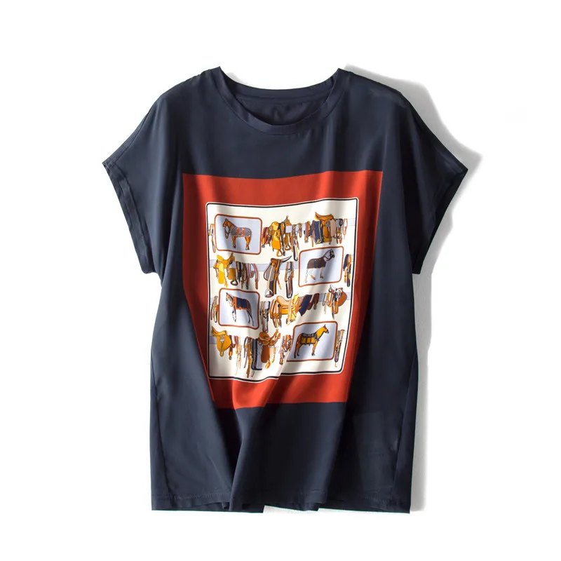100% Real Silk Ladies Printed Plus Size Short Sleeve T-shirt High Quality Breathable Mulberry Silk Shirt