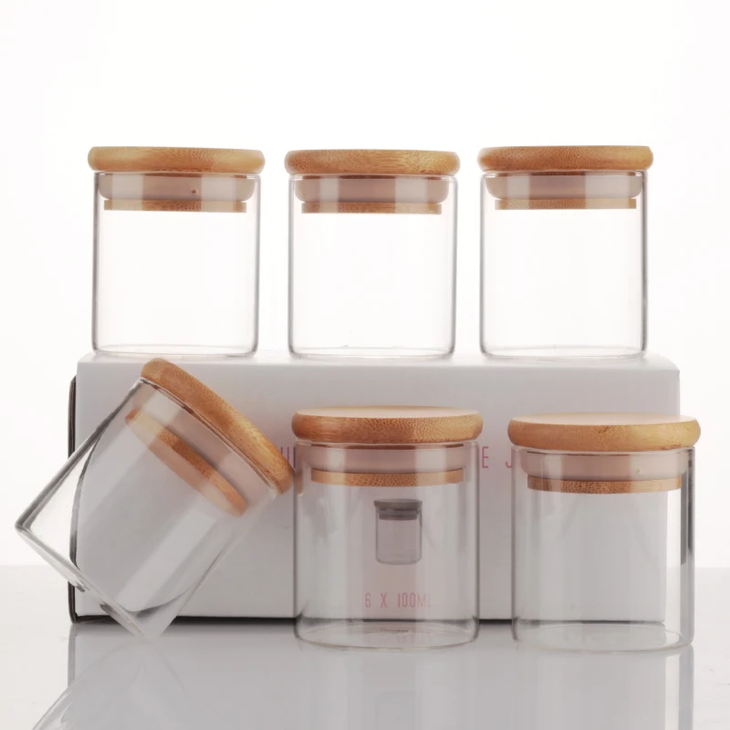 Tea Sugar Salt 100ml Mini Clear Food Storage Containers High Borosilicate Glass Spice Jars with Bamboo Lids Sets
