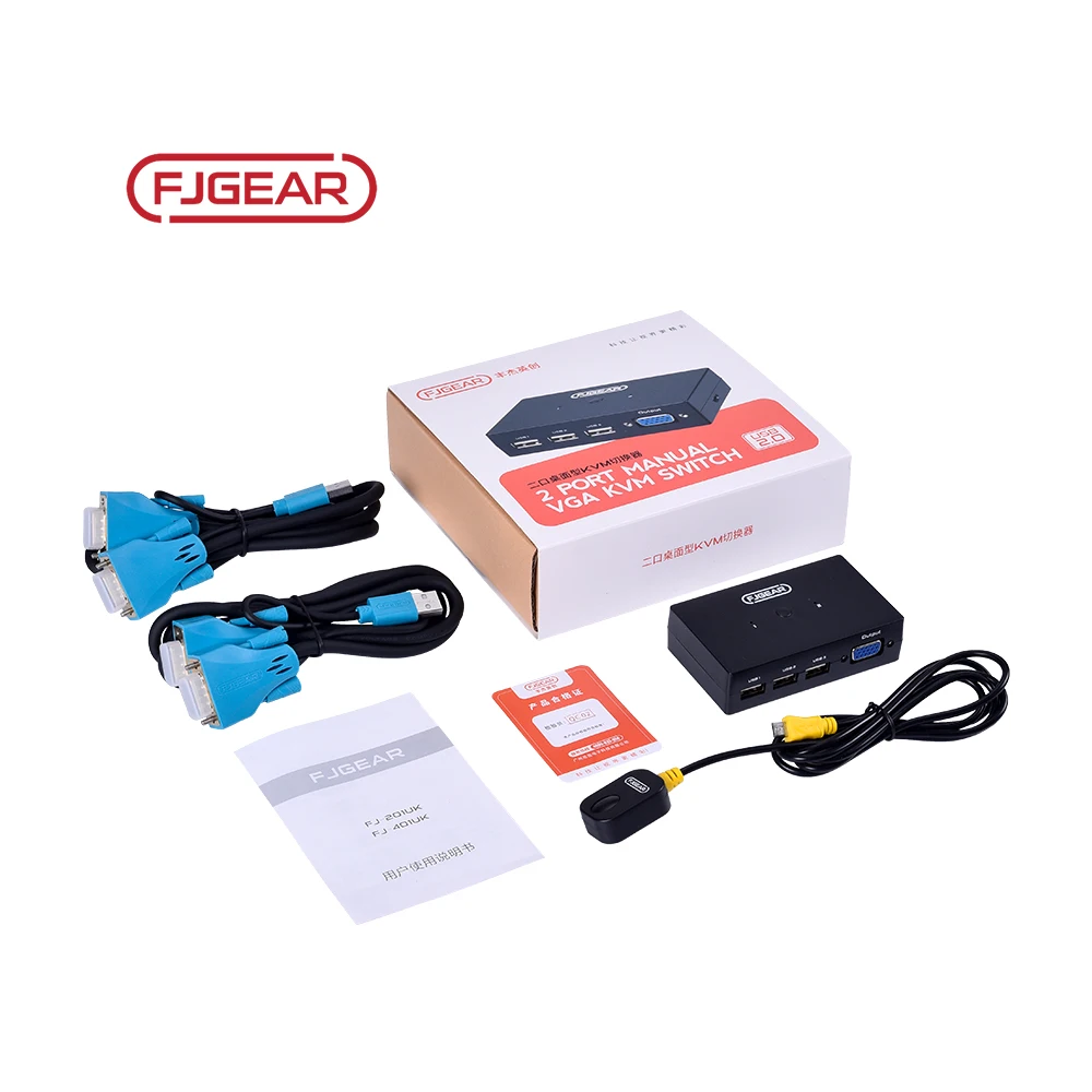 FJ-201UK Fjgear Oem Two Port Desktop 250Mhz Kvm Switch 1 Input 2 Output Remote Controlled Vga Switch Selector With Remote
