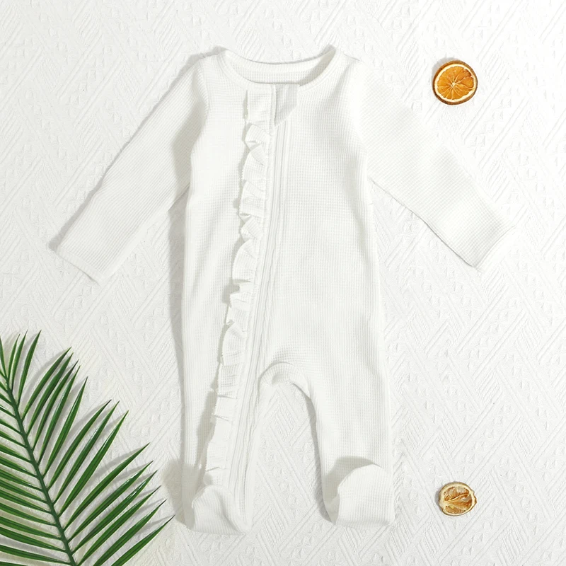 Organic Rib Printed Newborn Jumpsuit White Sleeve Cover Placket Zipper Infant Bodysuit Sun Back Lace Baby Rompers