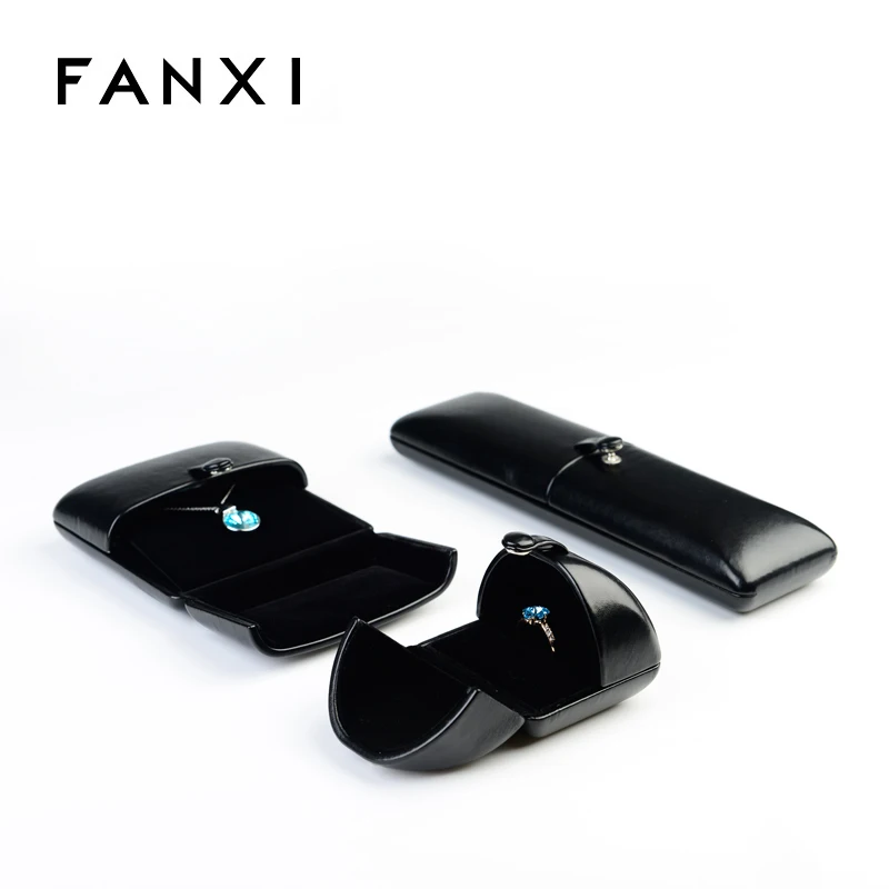 FANXI Custom Logo Black Glossy PU Leather Velvet Insert Box Double Door Ring Necklace Bangle Gift Plastic Jewelry Packaging Box