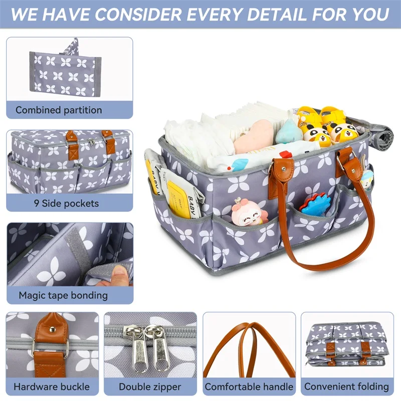 Custom Printing Portable Tote Diaper Organizer Manufacturer Designer Diaper Bags For Babies With PU Leather Handle