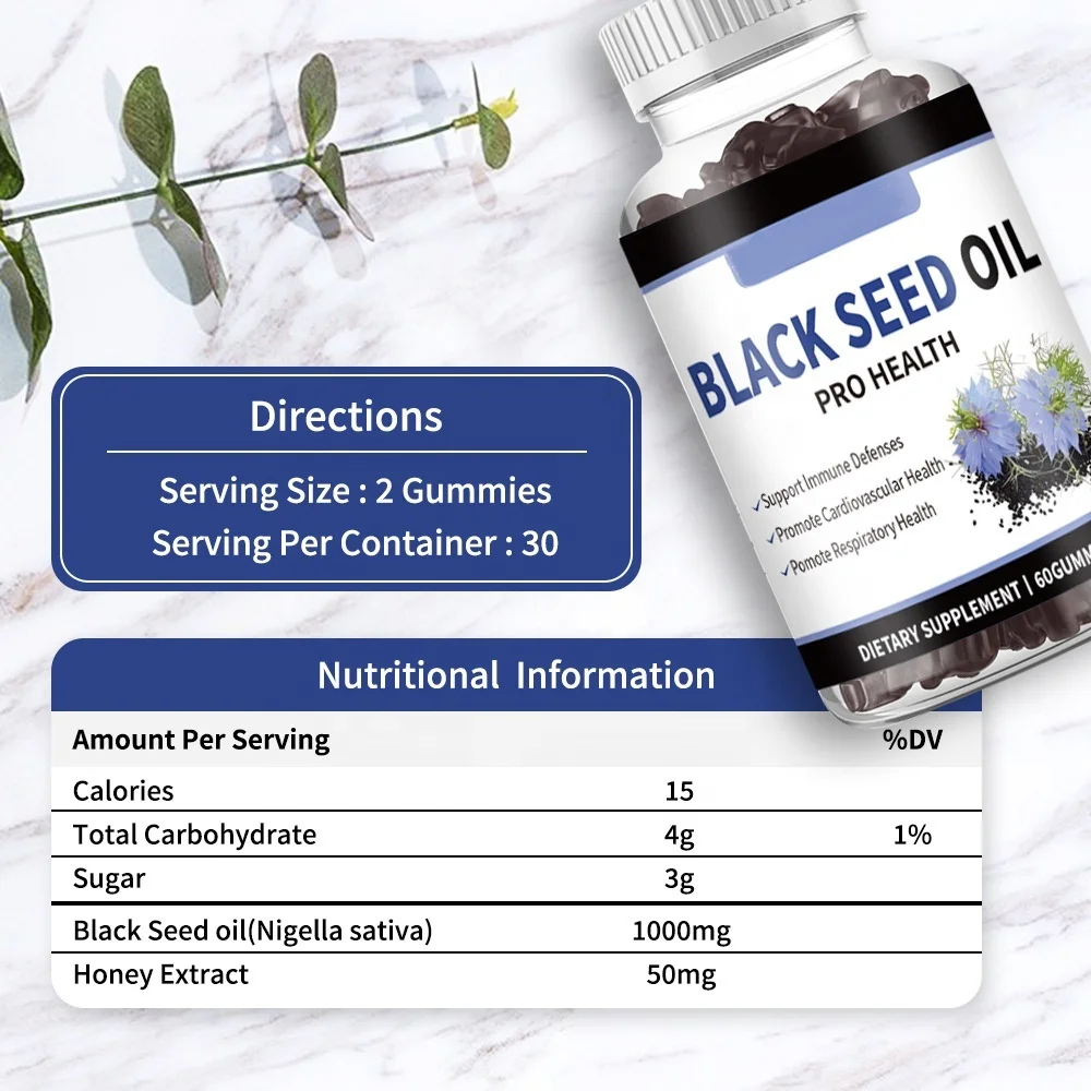 Black Seed Oil Gummies Herbal Extract Capsules with Vitamin C and Lutein in a Bottle