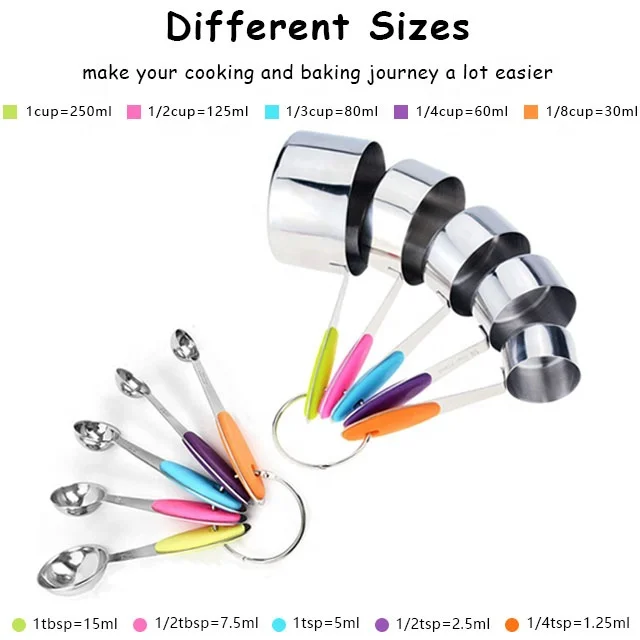 Kitchen Accessories 304/430 Stainless Steel Measuring Cups and Spoons 10 Pcs Set With Silicone Handle Measuring Cups and Spoons