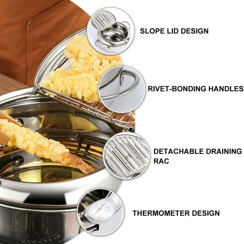 304 Stainless Steel Tempura Deep Fryer Pot With Thermometer And Oil Drip Rack Lid For Chicken Fries Fish Shrimp Oil Frying Pan