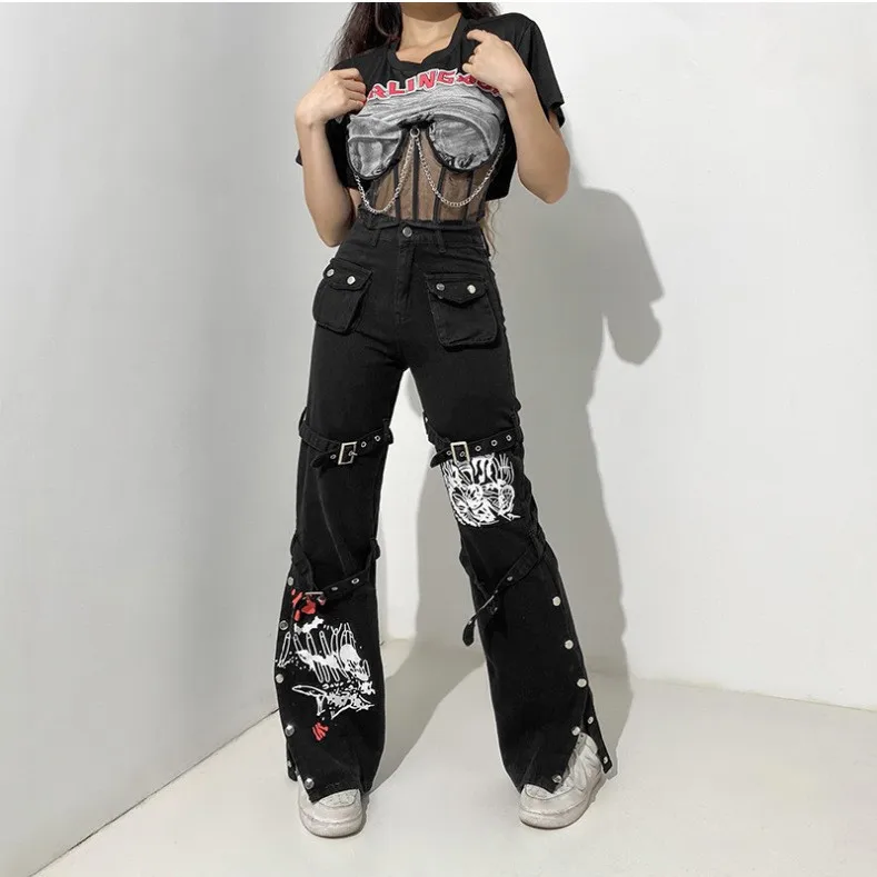 Comic Print Punk Goth Pant Grunge Black Clothes Korean Fashion Pocket Straight Women Streetwear Flared Y2k Hippie Jeans