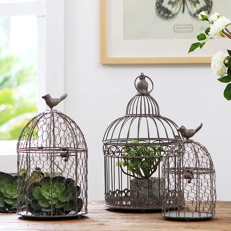 Vintage Cream Round Metal Bird Cage Planter for Decorative Lantern