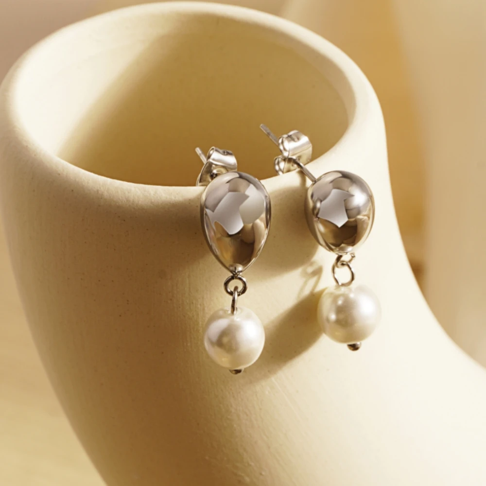 New Style Gold Silver Pearl Jewelry Earrings Stainless Steel Earrings Pearl Drop Dangle Earrings