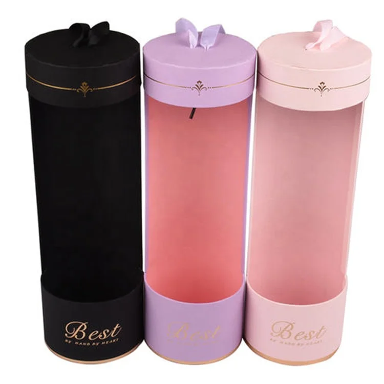 Colorful paper printed cardboard cylinder tube window box, round box tubes packaging with pvc window and ribbon pull on top