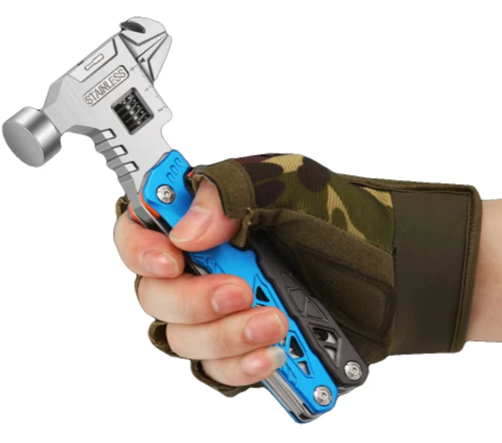 Outdoor Camping Survival Wrench Hammer Metal Stainless Steel Multi Function Folding Mace Pliers Tool  Customized Pouch